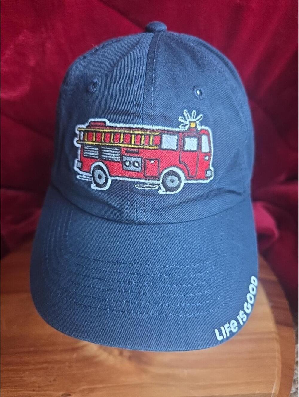 Life Is Good Baseball Hat With Fire Truck Let's Roll Adjustable Strap Navy/Red